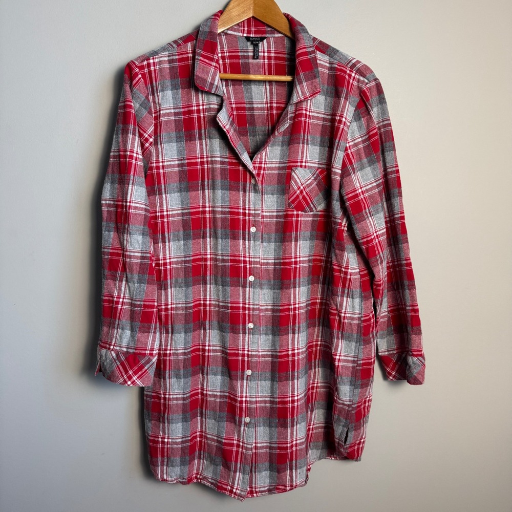 Buffalo David Bitton Plaid Nightgown Shirt‎ Dress Red Gray XL Button Front Sleep
